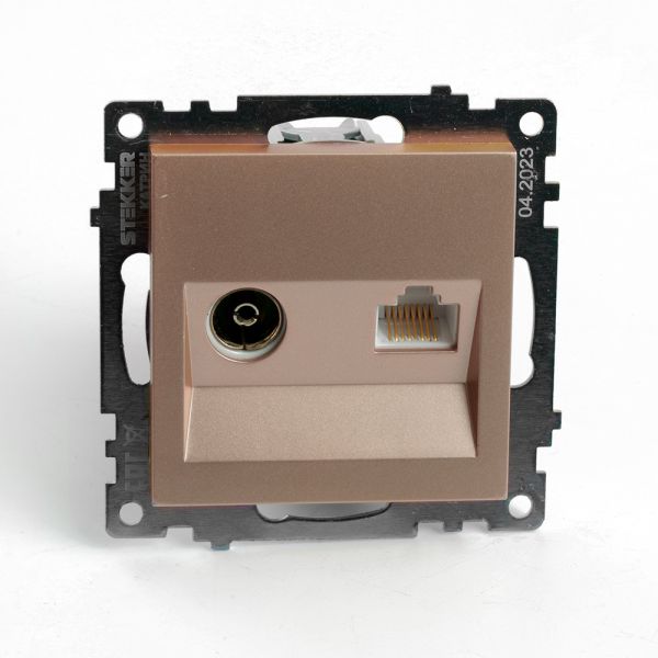 Розетка TV + компьютерная RJ-45 (механизм) серия Катрин шампань STEKKER