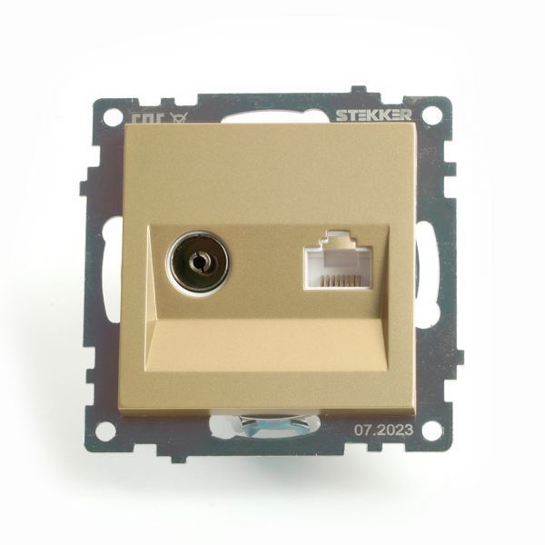 Розетка TV + компьютерная RJ-45 (механизм) серия Катрин золото STEKKER