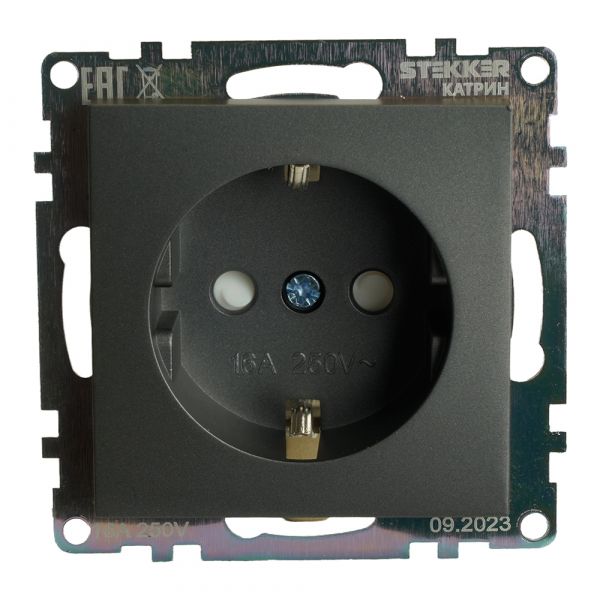 Розетка одноместная с защитной шторкой с/з (механизм) 250В 16А серия Катрин графит STEKKER