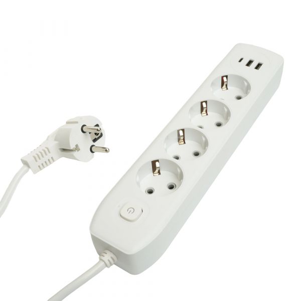 Удлинитель 4-местный c/з 3x1 мм2 1.8 м 250В 10А 2USB+1Type-C 2.4А Home белый