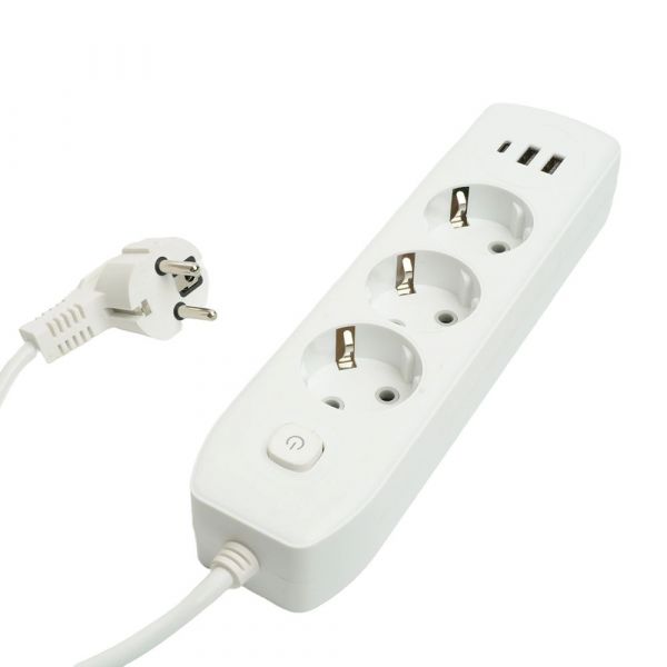 Удлинитель 3-местный c/з 3x1 мм2 3 м 250В 10А 2USB+1Type-C 2.4А Home белый