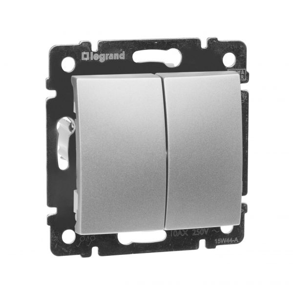 Выключатель 2-клавишный проходной схема 6/2 10А безвинтовое крепление алюминий VALENA