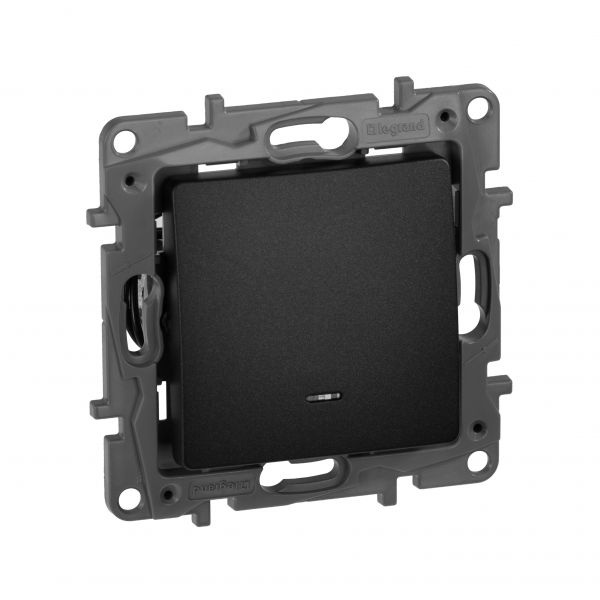 Выключатель 1-клавишный проходной с подсветкой/индикацией 10А безвинтовое крепление антрацит ETIKA