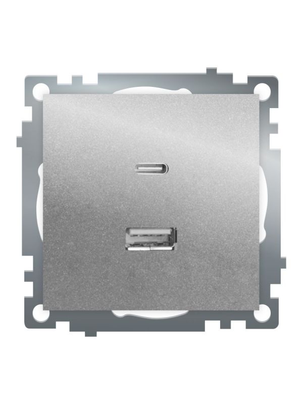Розетка 2-местная USB+TypeC (механизм) 250В 3А max 20W серия Катрин серебро STEKKER