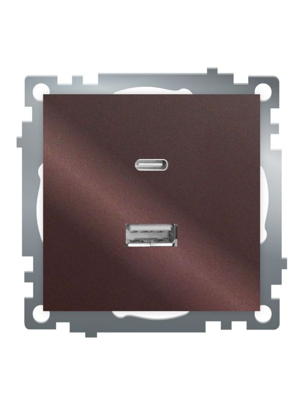 Розетка 2-местная USB+TypeC (механизм) 250В 3А max 20W серия Катрин шоколад STEKKER