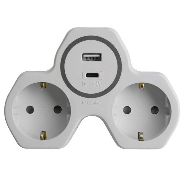 Разветвитель сетевой со шторками 2-местный USB+Type C на 2.4 А с/з 250 В 16 A белый/серый