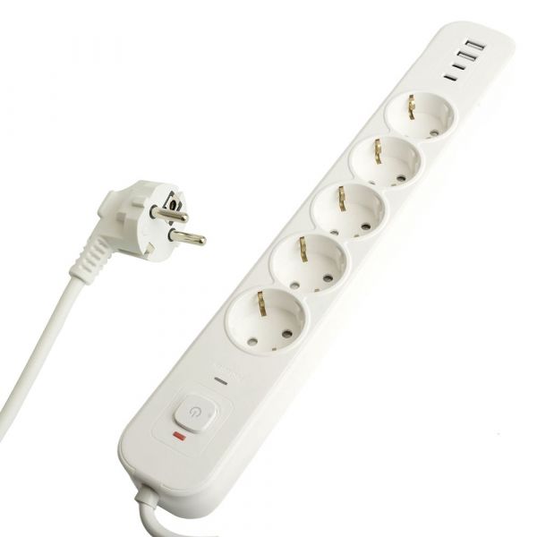 Фильтр сетевой 5-местный с/з 3x1 мм2 5 м 250 В 16 А 2 USB-A+2 Type-C 3 белый HM21-51-05