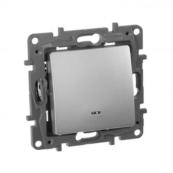 Выключатель 1-клавишный с подсветкой/индикацией 10А безвинтовое крепление алюминий ETIKA