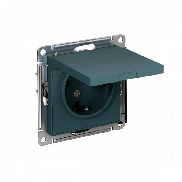 Розетка ATLASDESIGN с заземлением со шторками с крышкой 16А IP20 механизм изумруд