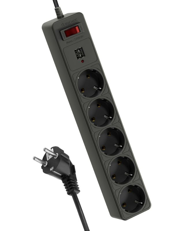 Фильтр сетевой 3м 5 гнезд, пвс 3х0,75мм2, черный 2 USB