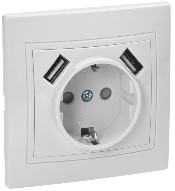 KVARTA Розетка с заземлением с защитными шторками 16А USBх2 2,1А РЮш10-1-КБ белый GENERICA