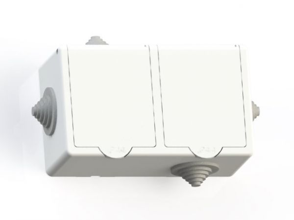 IP44 Розетка брызгозащищенная открытой установки с заземляющим контактом двухместная(16А) РА16-759, белая