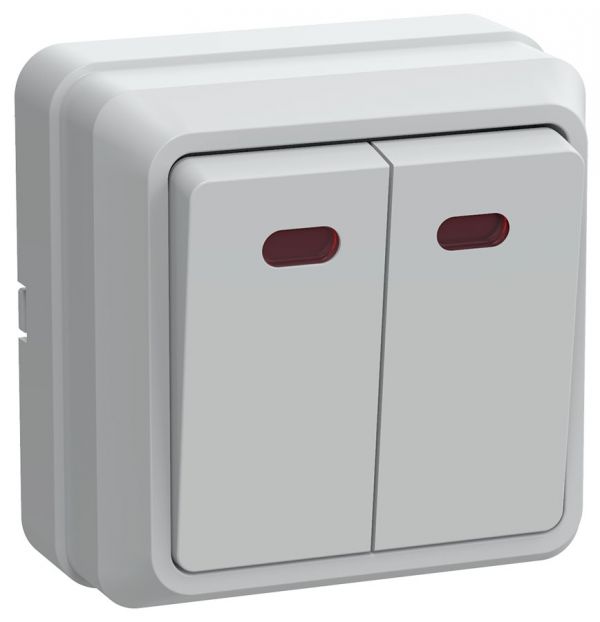 OKTAVA Выключатель 2-клавишный с индикацией для открытой установки 10А ВС20-2-1-ОБ белый GENERICA