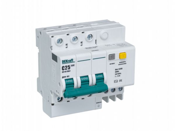 Автоматический выключатель дифференциального тока АВДТ встроенная защита от сверхтоков 3Р 25А 30мА AC С ДИФ-101