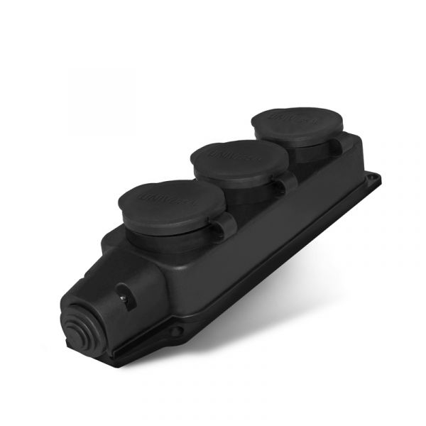 Колодка тройная трехместная однофазная с заглушками с/з каучук 16А 250В IP44 еврослот