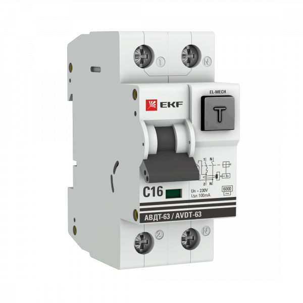 Автомат дифференциальный Автоматический выключатель дифференциального тока АВДТ-63 16А/100мА (характеристика C, эл-мех тип AC) 6кА PROxima