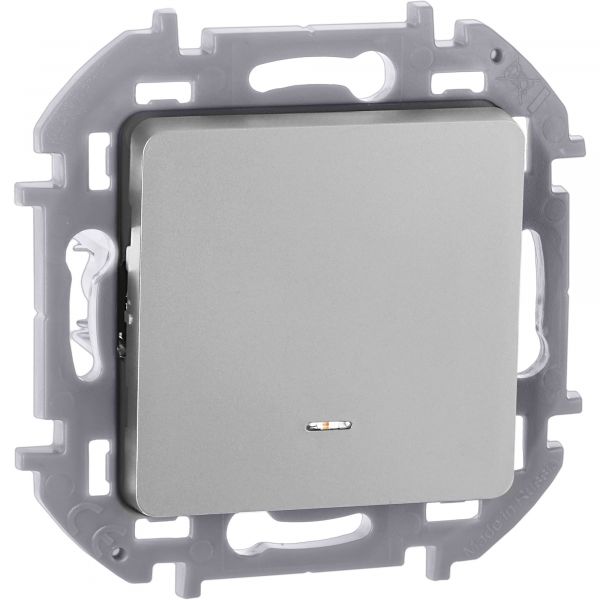 Выключатель 1-клавишный проходной с подсветкой/индикацией 10АХ безвинтовое крепление алюминий INSPIRIA