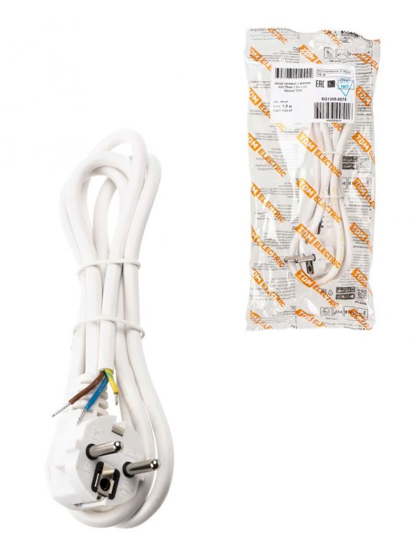 Шнур сетевой с вилкой ПВС 3x075мм 15м с/з белый TDM