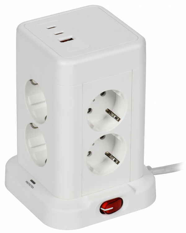 DOMINIC Удлинитель У08K 8 мест 2P+PE 1,5м 3х1,0мм2 16А/250В USB A+C 20Вт белый IEK