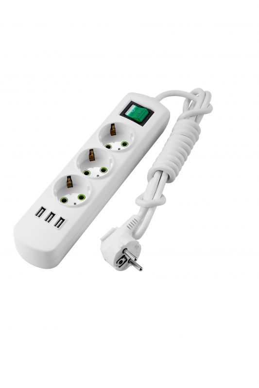 Удлинитель с/з 3 входа 2 метра с выключателем c USB-разъемом