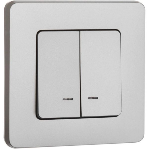 Выключатель 2-клавишный с подсветкой/индикацией 10АХ безвинтовое крепление алюминий INSPIRIA