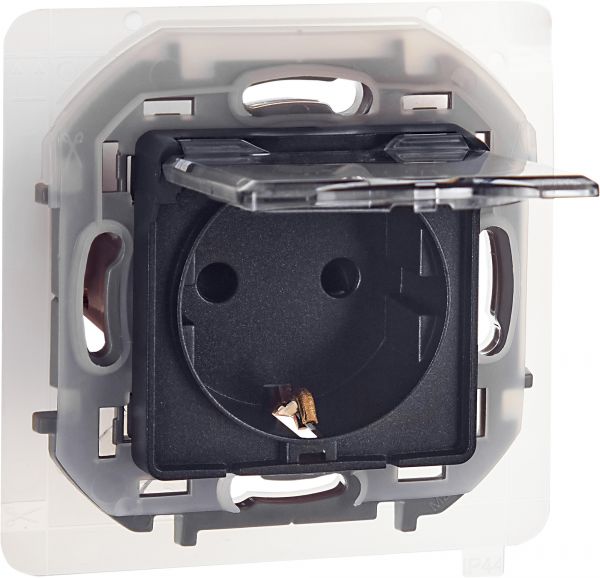 Розетка 1-местная с заземлением с защитными шторками и крышкой 16А IP44 антрацит INSPIRIA