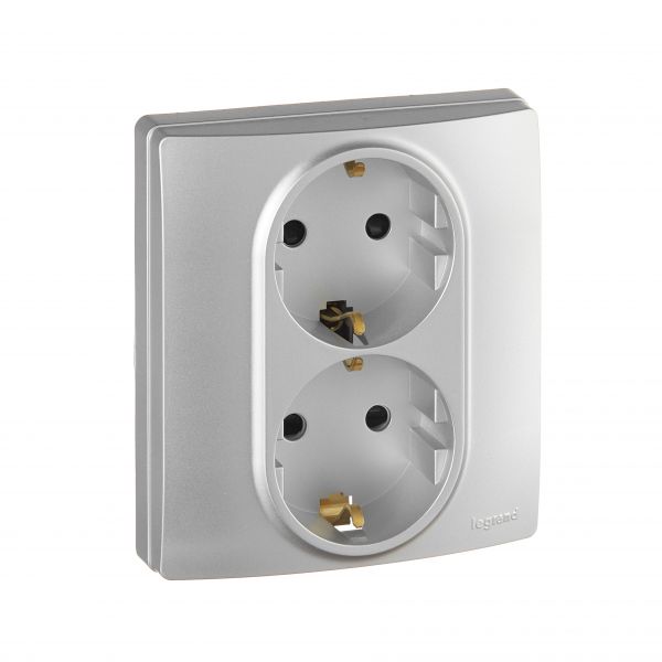 Розетка 2-местная с заземлением с защитными шторками безвинтовое крепление 16А в сборе алюминий ETIKA