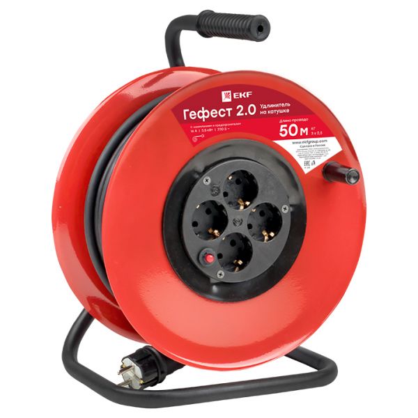 Удлинитель на катушке Гефест 2.0 4 гнезда 50м с заземлением и предохранителем КГ 3x2.5 16А/3.5кВт PROxima