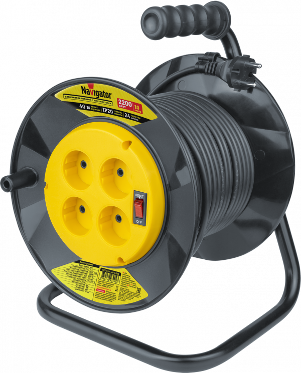 Удлинитель силовой NPE-R-04-40-X-2x1 на пластиковой катушке с термовыключателем 4 гнезда б/з 40м ПВС 2х1 2200 Вт IP20