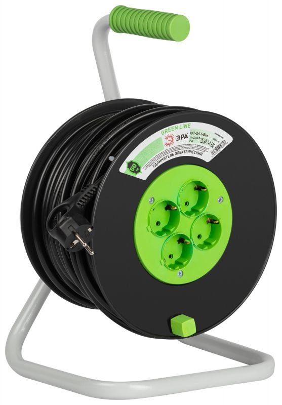 Удлинитель силовой на катушке пластик 4 розетки с заземлением 50 м ПВС 3x1.5мм2 GREEN LINE KAT-3x1.5-50m