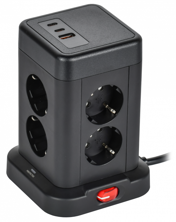 DOMINIC Удлинитель У08K 8 мест 2P+PE 1,5м 3х1,0мм2 16А/250В USB A+C 20Вт черный IEK