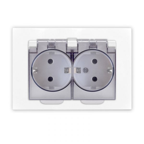 Розетка двухместная UNIVersal серия Афина с/з с прозрачной крышкой, с/у, 16А, 220В, механизм, белая (еврослот)