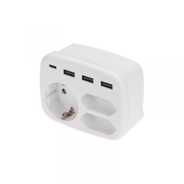 Тройник электрический 16А с/з + 2х2,5А + 3хUSB-A 2,4А + USB Type-C 3А, белый