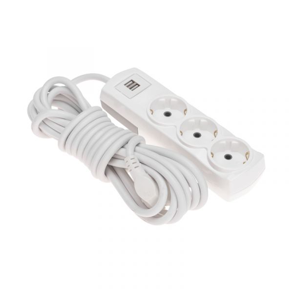 Удлинитель PREMIUM 3 гнезда, 5 м, 3х1,5 мм2, с/з, 2 USB, белый