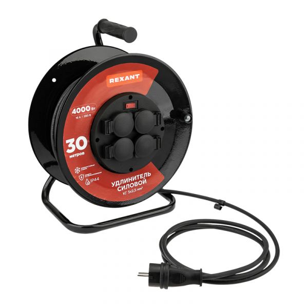 Удлинитель силовой КГ на катушке 4 гнезда, с/з, 30м, 3х2,5мм2, IP44 с выключателем и защитными крышками