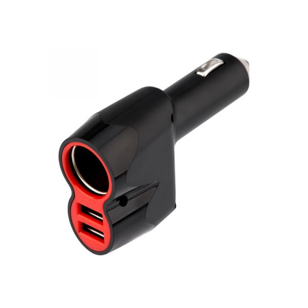Автозарядка в прикуриватель АЗУ 2хUSB+гнездо 12-24 V 5 V 1000 mA