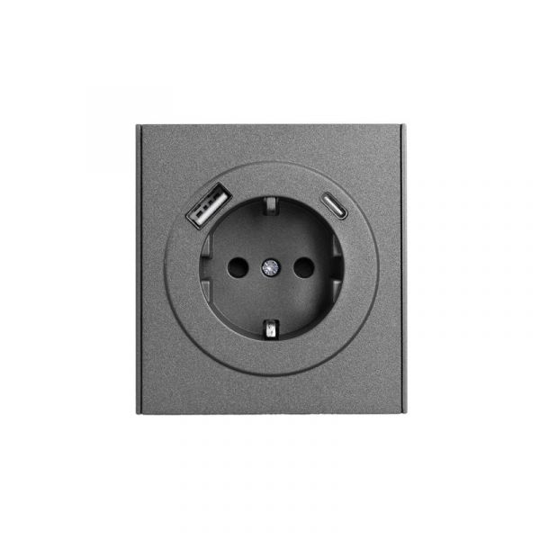 Розетка STRONG 1-ая с заземлением скрытой установки с защитными шторками 16А с USB A+C быстрой зарядки 5В/3А механизм графит