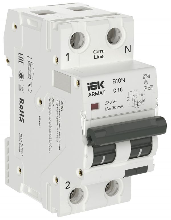 Выключатель автоматический дифференциального тока B10N 1P+NP C10 30мА тип A (36мм)