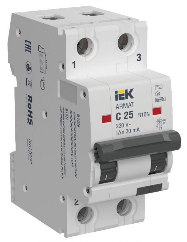 Выключатель автоматический дифференциального тока B10N 2P C25 30мА тип AC