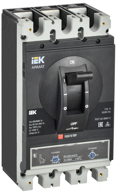 Автоматический выключатель в литом корпусе ARMAT 3P типоразмер H 50кА 400А расцепитель термомагнитный регулируемый