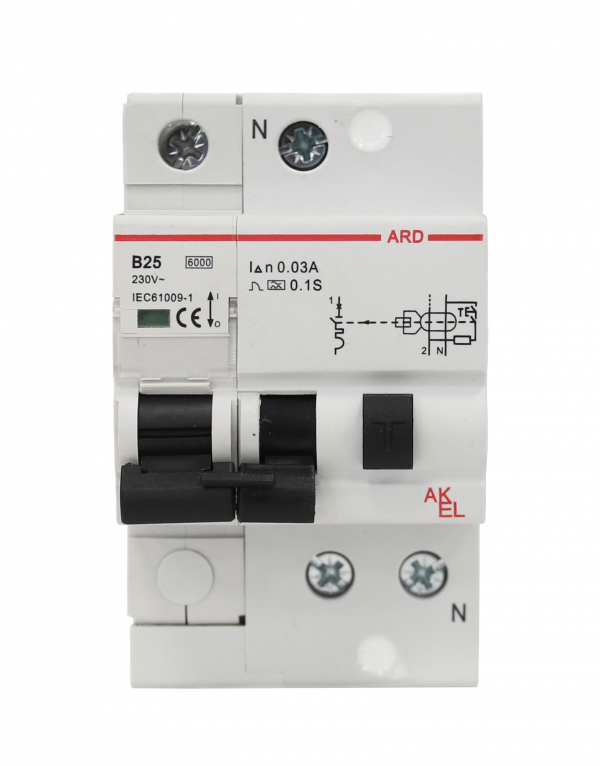 Выключатель дифференциальный автоматический АВДТ-ARD-1P+N-B25-30mA-ТипA 1P+N/25A/B/A/30mA/6kA
