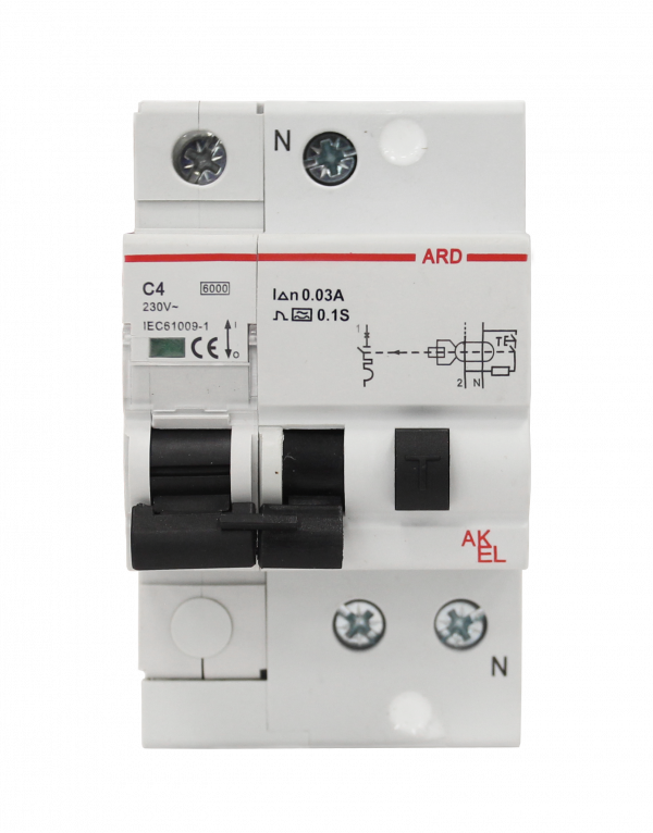 Выключатель дифференциальный автоматический АВДТ-ARD-1P+N-C4-30mA-ТипAC 1P+N/4A/C/AC/30mA/6kA