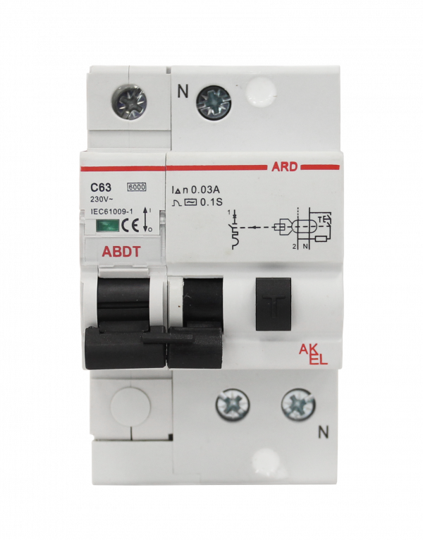 Выключатель дифференциальный автоматический АВДТ-ARD-1P+N-C63-30mA-ТипAC 1P+N/63A/C/AC/30mA/6kA