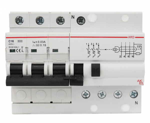 Выключатель дифференциальный автоматический АВДТ-ARD-3P+N-C16-30mA-ТипA 3P+N/16A/C/A/30mA/6kA