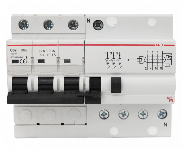 Выключатель дифференциальный автоматический АВДТ-ARD-3P+N-C32-30mA-ТипA 3P+N/32A/C/A/30mA/6kA