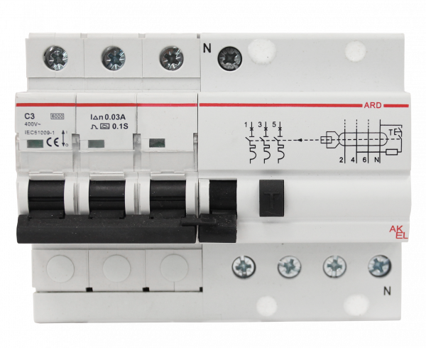 Выключатель дифференциальный автоматический АВДТ-ARD-3P+N-C3-30mA-ТипAC 3P+N/3A/C/AC/30mA/6kA