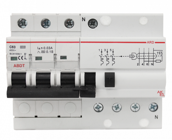 Выключатель дифференциальный автоматический АВДТ-ARD-3P+N-C63-30mA-ТипAC 3P+N/63A/C/AC/30mA/6kA