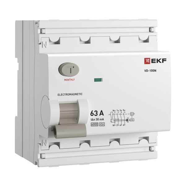 Выключатель дифференциального тока (ВД) четырехполюсный 4P 63А 30mA (A) эл-мех ВД-100N E1046MA6330 PROXIMA EKF