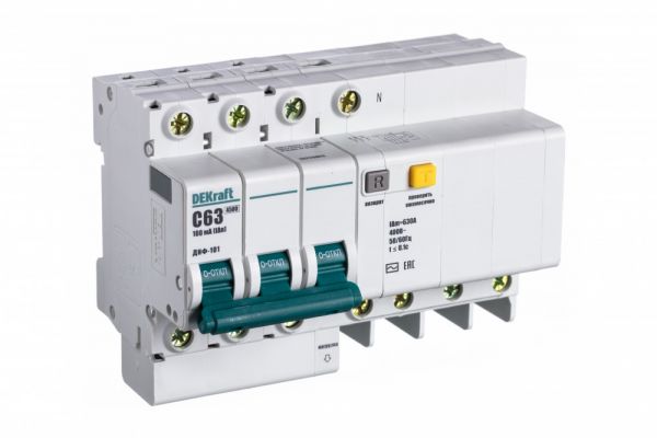 Автоматический выключатель дифференциального тока АВДТ встроенная защита от сверхтоков 3P+N 63А 100мА AC С ДИФ-101