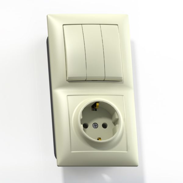 СЕЛЕНА Блок комбинированны скрытой установки (трехклавишный выключатель +розетка с заземляющим контактом) БКВР-413, слоновая кость